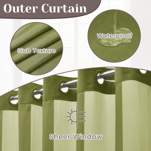 SORTTO No Hook Slub Shower Curtain with Liner, 71x74, Olive