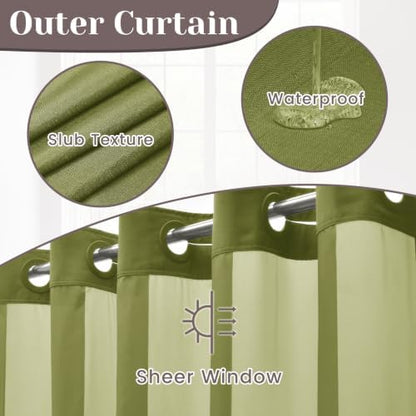 SORTTO No Hook Slub Shower Curtain with Liner, 71x74, Olive