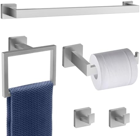5 Piece Brushed Nickel Towel Bar Set Bathroom Hardware Set Brushed Nickel Bathroom Accessories Set with 2 Towel Hook, Stainless Steel Wall Mounted Bathroom Towel Rack Set Square 16-Inch