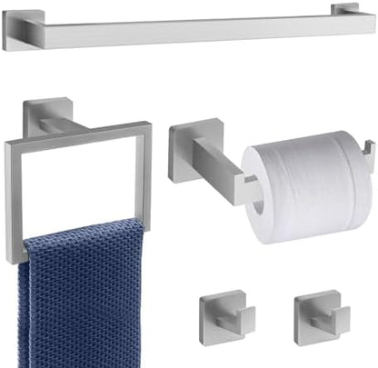 5 Piece Brushed Nickel Towel Bar Set Bathroom Hardware Set Brushed Nickel Bathroom Accessories Set with 2 Towel Hook, Stainless Steel Wall Mounted Bathroom Towel Rack Set Square 16-Inch