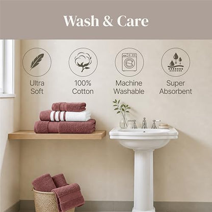 Modern Threads 6 Piece Bath Towel Set – Bathroom Towel Set with 2 Bath Towels, 2 Hand Towels & 2 Washcloths – 100% Cotton, Soft & Absorbent – Classic Border Stripe (Rose)