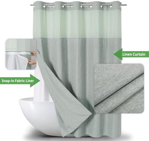 eachope No Hook Fabric Shower Curtain with Snap-in Liner,71x77 Sage Green
