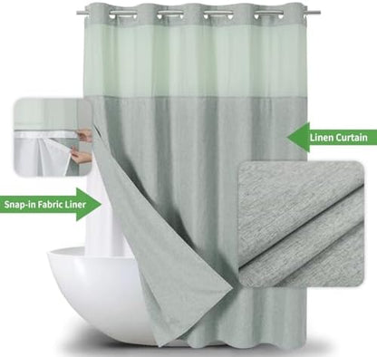 eachope No Hook Fabric Shower Curtain with Snap-in Liner,71x77 Sage Green