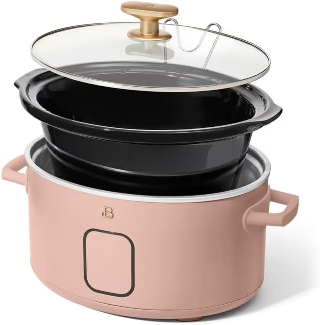B 6 Qt Programmable Slow Cooker with Digital Timer, 5 Cooking Functions, Removable Ceramic Pot, Tempered Glass Lid, Dishwasher Safe (Rose)