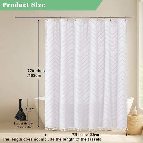 OWENIE Boho Shower Curtain, White Fabric Cloth Shower Curtains Farmhouse Tufted Chevron Striped Textured with Tassel for Bathroom, Soft Hotel Style Modern Minimalist, Machine Washable, 72x72, White