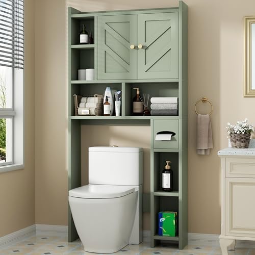 Shintenchi Over the Toilet Storage Cabinet, Bathroom Storage Cabient with Barn Doors, Bathroom Storage Shelf Organizer with Toilet Paper Holder, Adjustable Shelf and Anti-Tip Device, Green