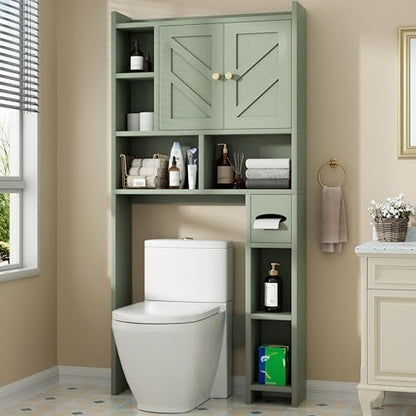 Shintenchi Over the Toilet Storage Cabinet, Bathroom Storage Cabient with Barn Doors, Bathroom Storage Shelf Organizer with Toilet Paper Holder, Adjustable Shelf and Anti-Tip Device, Green