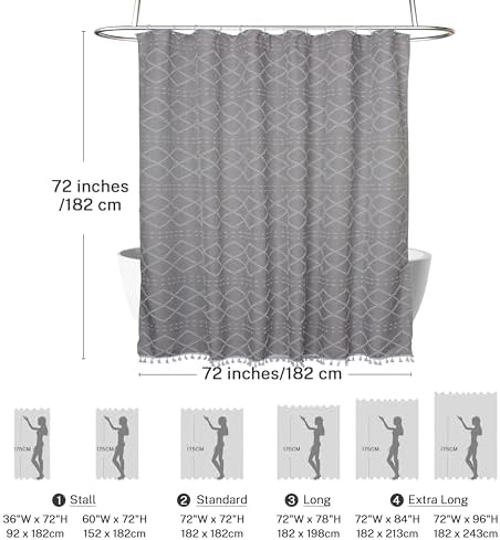 Siiluminisoy Boho Grey Textured Shower Curtain with Tassels 72 x 72 Tufted Chevron Striped Chenille Woven Fabric Cloth Shower Curtain Modern Farmhouse Minimalist, Shabby Chic Home Decor for Bathroom