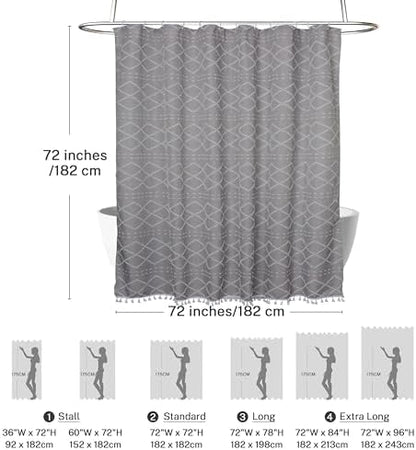 Siiluminisoy Boho Grey Textured Shower Curtain with Tassels 72 x 72 Tufted Chevron Striped Chenille Woven Fabric Cloth Shower Curtain Modern Farmhouse Minimalist, Shabby Chic Home Decor for Bathroom