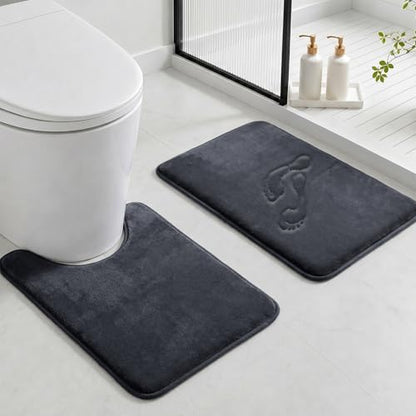 HUXMEYSON Bathroom Rugs Sets 2 Piece, Non-Slip & Quick Dry Bath Mat Set, Ultra Soft Velvet Bath Rugs for Bathroom, Toilet and Shower Floor, Dark Grey