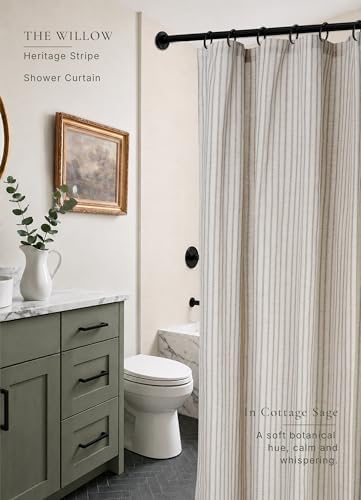 Farmhouse Striped Shower Curtain Set, Linen Blend Fabric with Detachable Polyester Liner, Breathable & Machine Washable, Rustic Sage for Bathroom Decor Standard 72" W x 72" L - Hooks Not Included