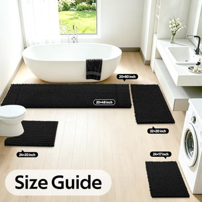 ACCUMTEK Upgrade Extra Large Black Bathroom Rug Set 3 Pieces Ultra Soft, Thick Absorbent Bath Mats, Non Slip Chenille Toilet Mat for Bathroom, Bedroom, Kitchen