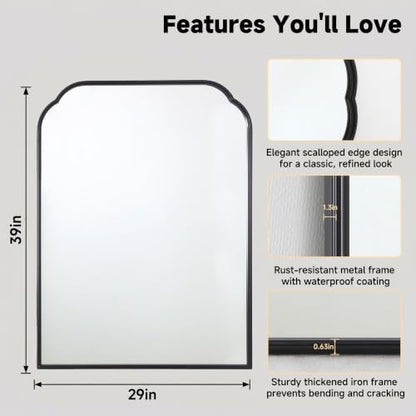 36"x24"﻿ Black Bathroom Scalloped Mirror, Rust-Proof Metal Frame
