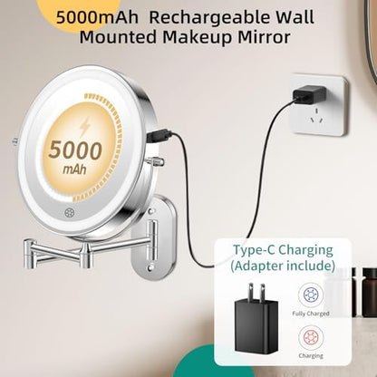 FUNTOUCH 5000mAh Rechargeable Wall Mounted Makeup Mirror with Light Charger