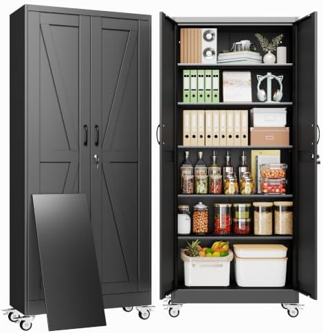75" Metal Garage Storage Locker Cabinet with Wheels,Rolling Black Farmhouse Kitchen Pantry Cabinet with 2 Doors and 5 Adjustable Shelves, Steel File Tool Cabinet for Home Office Warehouse
