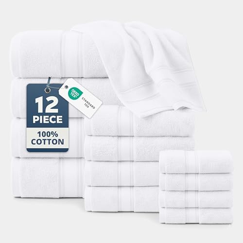 LANE LINEN Towel Set for Bathroom 12 Piece Soft Absorbent Quick Dry - White