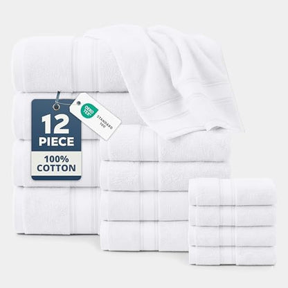 LANE LINEN Towel Set for Bathroom 12 Piece Soft Absorbent Quick Dry - White