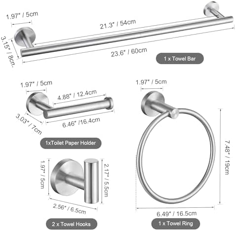 TURS 5 Piece Bathroom Hardware Set Brushed, SUS304 Stainless Steel Bath Towel Bar Set, 24 Inch Bathroom Accessories Kit Wall Mounted
