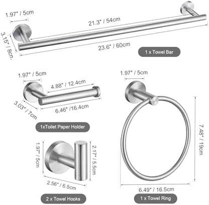 TURS 5 Piece Bathroom Hardware Set Brushed, SUS304 Stainless Steel Bath Towel Bar Set, 24 Inch Bathroom Accessories Kit Wall Mounted