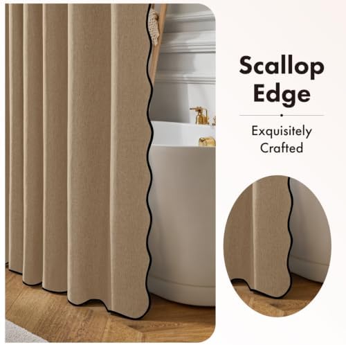 ANRODUO Khaki Scalloped Linen Textured Shower Curtain, W72 x L84