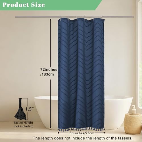 OWENIE Small Boho Stall Shower Curtain, Dusty Blue Fabric Cloth Stall Shower Curtain 36 x 72 Half Size with Tassel Tufted Chevron Striped Textured Modern Farmhouse for Bathroom, Machine Washable