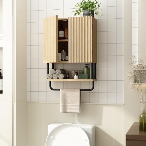 RUSTOWN Fluted Bathroom Wall Cabinet with 2 Doors, 3-Tier Medicine Cabinet