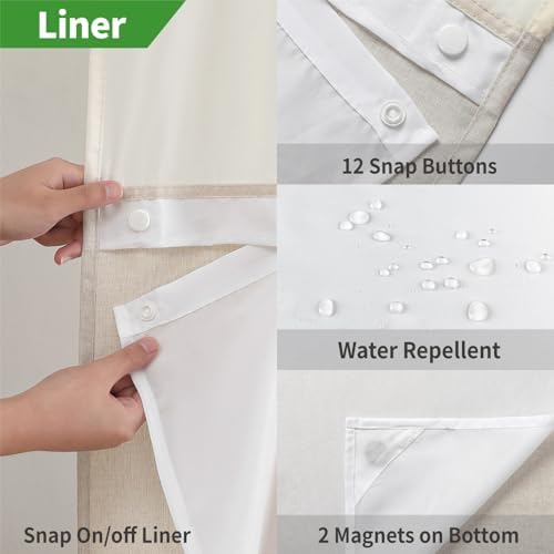 eachope No Hook Linen Texture Shower Curtain with Snap-in Liner,71x92 Cream