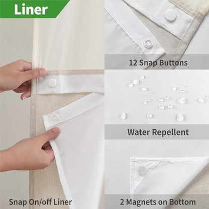 eachope No Hook Linen Texture Shower Curtain with Snap-in Liner,60x74 Cream