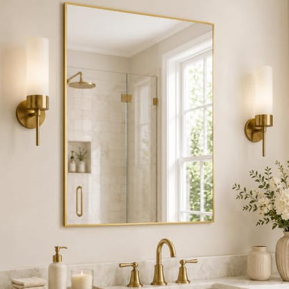 30"x36" Brushed Gold Framed Rectangle Bathroom Vanity Wall Mirror