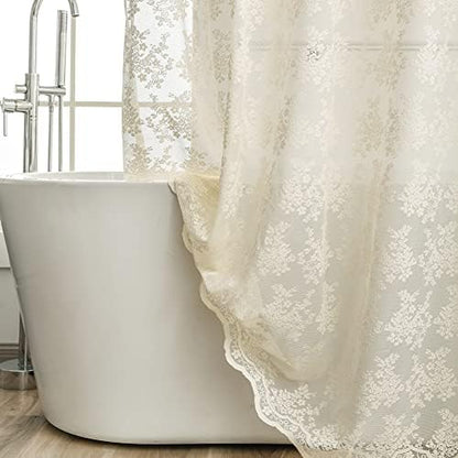 Ivory Lace Shower Curtain 72x72, Vintage Shabby Chic with Attached Valance