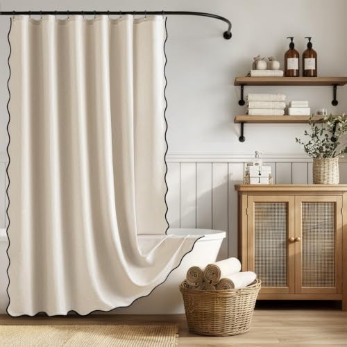 ANRODUO Cream Beige Scalloped Linen Textured Shower Curtain, W72 x L90