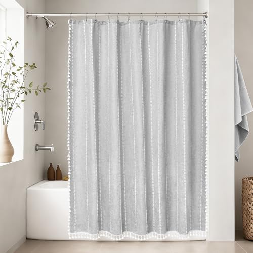 Seenus 72 x 84 inch Extra Long Boho Chic Shower Curtain Heavyweight with Tassels, Grey Linen Textured Fabric Farmhouse Shower Curtain, Elegant Gray & White Striped Bathroom Curtain Water Repellent