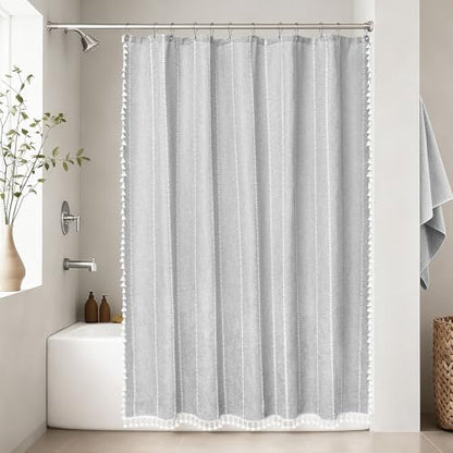 Seenus 72 x 84 inch Extra Long Boho Chic Shower Curtain Heavyweight with Tassels, Grey Linen Textured Fabric Farmhouse Shower Curtain, Elegant Gray & White Striped Bathroom Curtain Water Repellent