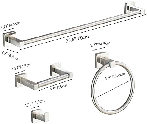 Brushed Nickel Bathroom Hardware Set 4 Pieces,Bathroom Accessories Set Stainless Steel Wall Mounted, Hand Towel Bar, Towel Ring, Robe Towel Hooks,Toilet Paper Holder,Towel Bar Set, 23.6 Inch