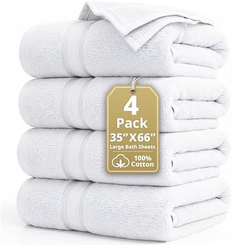 LANE LINEN Bath Sheets 100% Cotton 4 Pack Oversized Soft - White