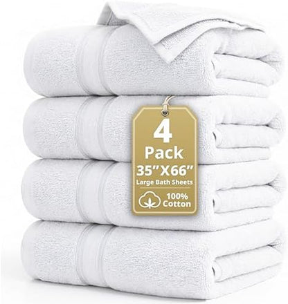 LANE LINEN Bath Sheets 100% Cotton 4 Pack Oversized Soft - White