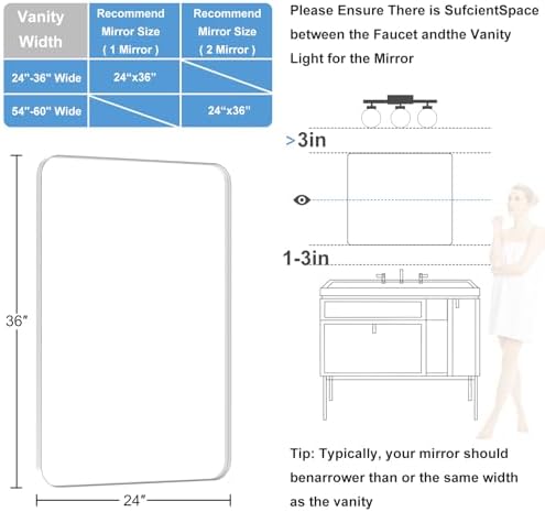 Brushed Nickel Bathroom Mirror for Over Sink, 24" x 36" Framed Rectargular Wall-Mounted Bathroom Mirrors for Vanity, Decorative, Farmhouse, Restroom, Horizontally or Vertically Hanging