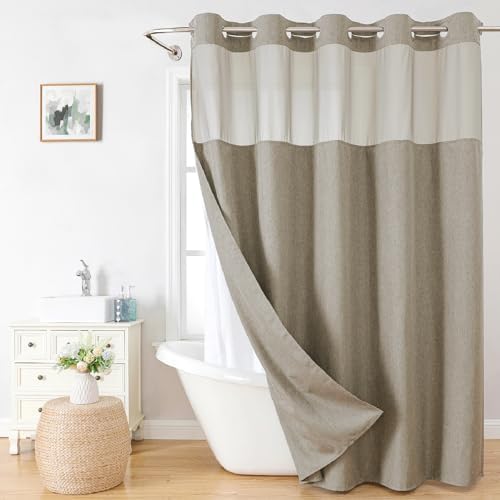 eachope No Hook Fabric Shower Curtain with Snap-in Liner,71x80 Khaki/Tan