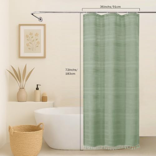 OVZME Small Stall Shower Curtain - Linen Textured Bathroom Curtain with Boho Tassel, Heavy Duty Farmhouse Bath Decor for RV Camper, Machine Washable, 36Wx72L Inches, Light Green