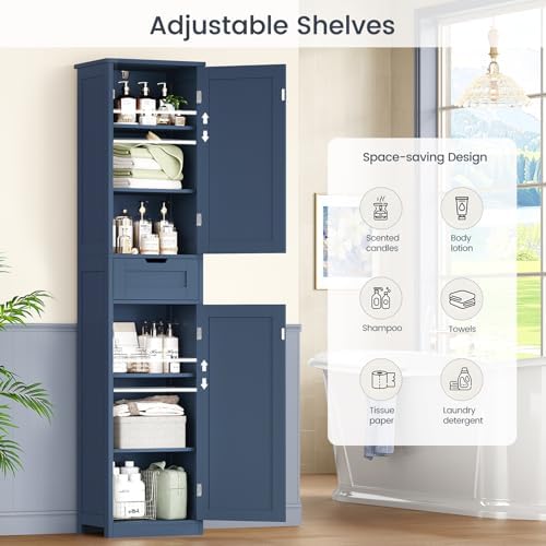 Iwell 66.9" Tall Bathroom Cabinet, Storage Cabinet with 2 Doors & 1 Drawer, Bathroom Storage Cabinets with Adjustable Shelves, for Living Room, Laundry Room, Home Office, Blue