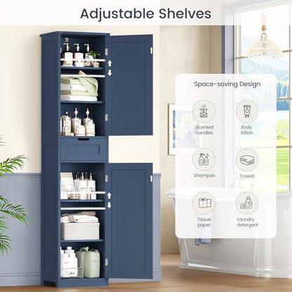 Iwell 66.9" Tall Bathroom Cabinet, Storage Cabinet with 2 Doors & 1 Drawer, Bathroom Storage Cabinets with Adjustable Shelves, for Living Room, Laundry Room, Home Office, Blue