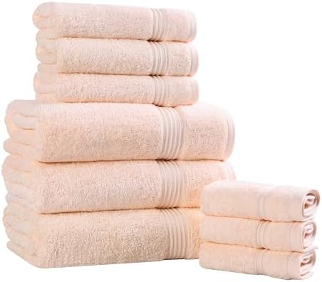 SUPERIOR Egyptian Cotton 9-Piece Towel Set, Assorted Towels for Home Bathroom, Guest Bath Decor Essentials, Includes 3 Bath, 3 Hand, 3 Face Towels/Washcloths, Quick Dry, Absorbent - Peach