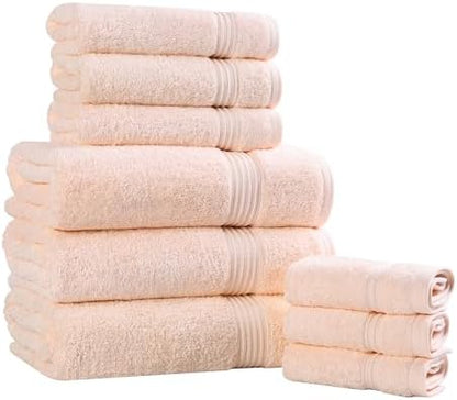 SUPERIOR Egyptian Cotton 9-Piece Towel Set, Assorted Towels for Home Bathroom, Guest Bath Decor Essentials, Includes 3 Bath, 3 Hand, 3 Face Towels/Washcloths, Quick Dry, Absorbent - Peach