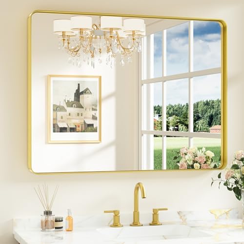 Keonjinn 40 x 30 Inch Brushed Gold Bathroom Mirrors for Over Sink