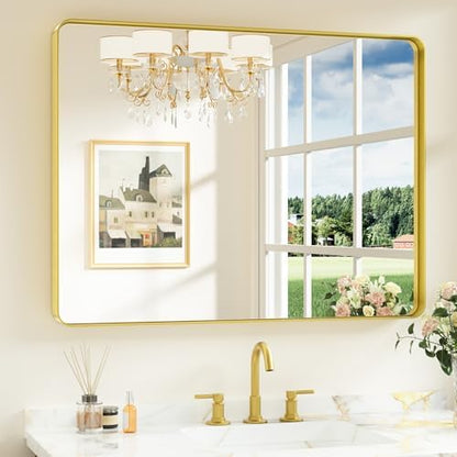Keonjinn 40 x 30 Inch Brushed Gold Bathroom Mirrors for Over Sink