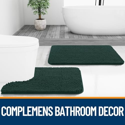 OLANLY Chenille Bathroom Rugs Sets 2 Piece, 47"x20"+24"x16", Blackish Green