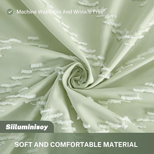 Siiluminisoy Extra Long Sage Green Boho Shower Curtain with White Tassel, Woven Fabric 84 in Shower Curtain, Tufted Chevron Striped, 72 x 84, Modern Chic Textured Minimalist Bathroom Shower