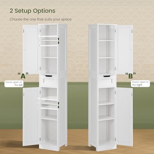 Iwell Tall Bathroom Cabinet, Slim Narrow Bathroom Storage Cabinet with Adjustable Shelves, Storage Cabinets with 1 Drawer, for Bathroom, Living Room, Entryway, Kitchen, White