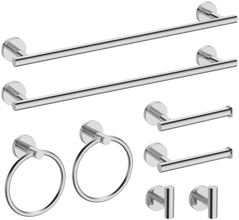 USHOWER 8PCS Polished Chrome Bathroom Hardware Set, 24-Inch Towel Bar Set