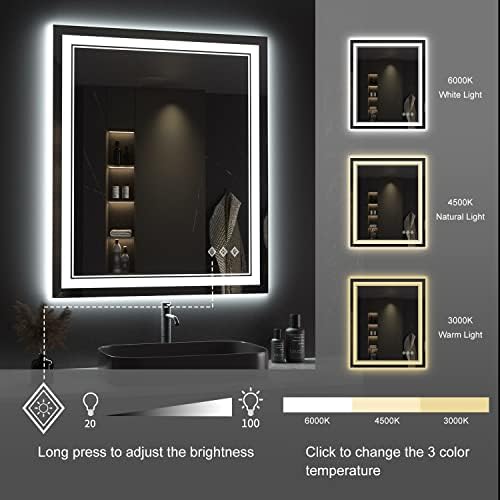 Lighted Mirror, 30x36 Inch Gradient Front and Backlit LED Mirror, 3 Colors Dimmable CRI>90 Double Lights, IP54 Enhanced Anti-Fog, Hanging Plates Wall Mount LED Bathroom Mirror